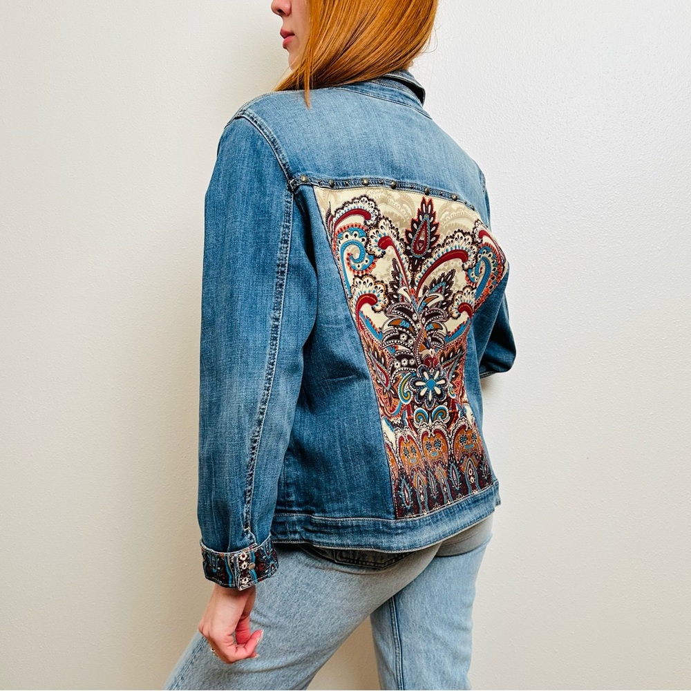 Chico’s Paisley Blue Denim Stretch Long Sleeve Jacket